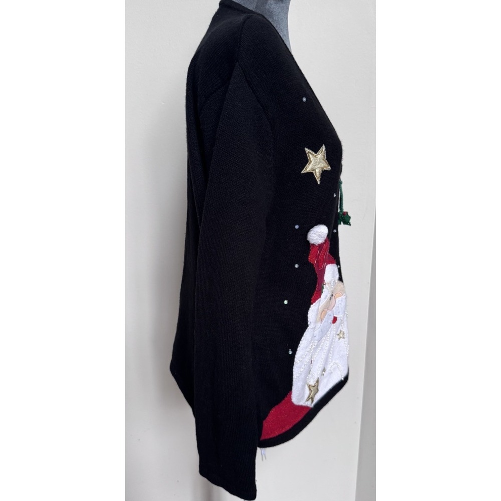 Vtg Christmas Cardigan Sweater XL Knit Full Zip Appliqué Cardinal Santa Novelty - Picture 9 of 16
